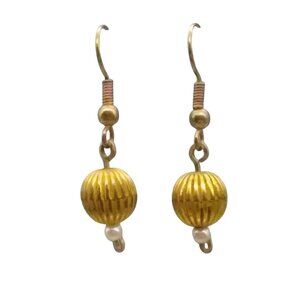 Fluted Bead Dangle Earrings, Vintage Gold Tone  and Seed Pearl Drop